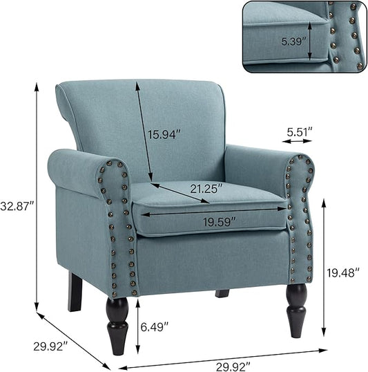 Accent Chair, Upholstered Armchair with High Resilience Sponge & Wood Legs, Mid-Century Modern Comfy Single Sofa Reading Chairs for Living Room, Bedroom (Blue, Set of 1)