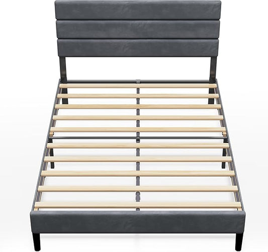WLIVE Full Size Upholstered Bed Frame, Velvet Square Tufted Headboard,Sturdy Metal & Wooden Slats Support, No Box Spring Needed, Light Grey