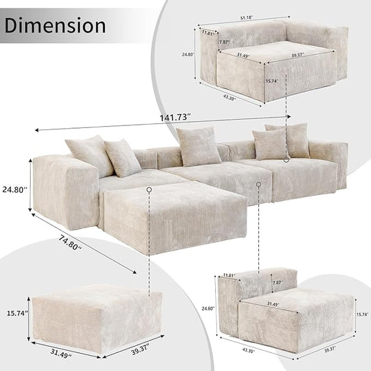 WJShome Cloud Couch Modular Sectional Sofa,141.73inch L Shaped Couch,Oversized Corduroy Couches with Ottoman and Pillows, Beige 4 Seaters Cushion Covers Removable& Washable