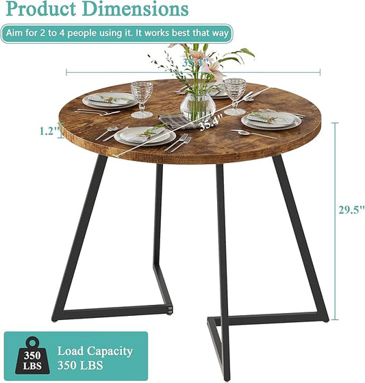 VECELO 35" Round Dining Table for 4, Wood-Grain Tabletop & Heavy-Duty Steel Frame, for Kitchen, Living Room, Easy Assembly, Antique Brown