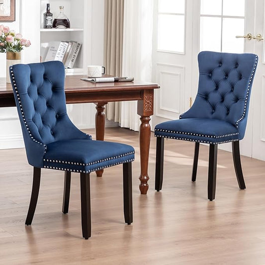 Velvet Dining Chairs Set of 6, Tufted Dining Room Chairs with Nailhead Ring Pull Trim, Upholstered Dining Chairs with Solid Wood Legs for Kitchen Dining Room, Sillas De Comedor (Blue)