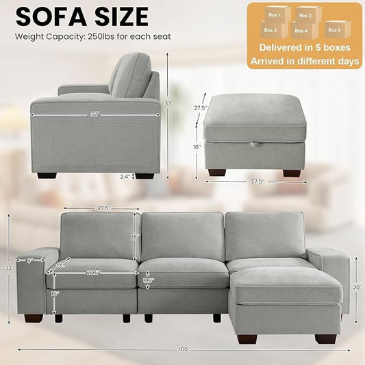 TEKAMON 100" Modular Sectional Sofa with Seats Storage, L Shaped Couch with Movable Ottoman, Chenille Fabric Couch for Living Room, Office, Deep Seat, USB Charging,Removable Cover (Light Grey)