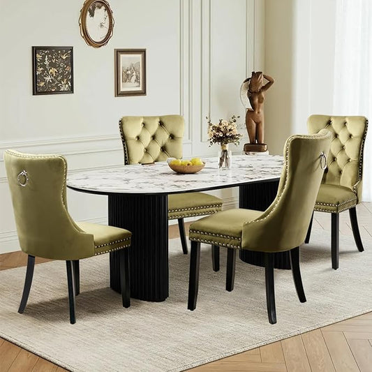 Velvet Upholstered Dining Chairs Set of 4, Modern Style Kitchen Side Chairs with Nailhead Trim and Wood Legs,Metal Pulling Ring for Dining Room Living Room(Olive Green,Set of 4)