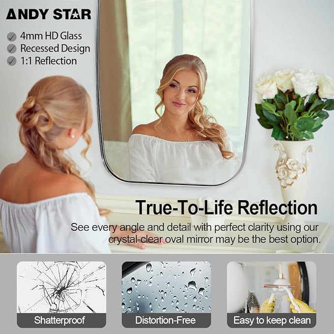 ANDY STAR 30x36 Chrome Bathroom Mirror, Oblong Silver Mirror with Stainless Steel Metal Frame, Oval Vanity Mirror for Over Sink, Modern Anti Rust Wall Mounted