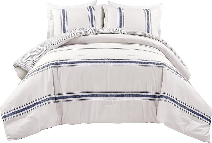 Lush Decor Farmhouse Stripe Reversible Cotton Comforter Set, 3 Piece Set, Full/ Queen, Navy - Cozy Farmhouse Bedding Set - Rustic Decor - Striped Comforter - Modern Farmhouse Bedroom Decor
