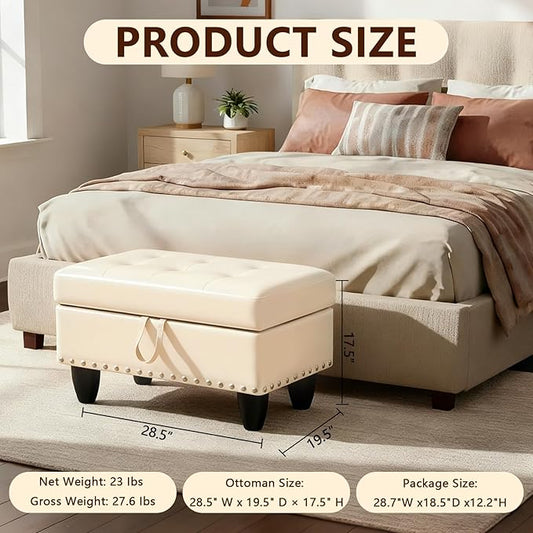 Faux Leather Storage Ottoman with Nailhead Trim, 28.5"X19.5"X17.5" Footrest Stool, Hidden Storage Foot Stool for Living Room, Bedroom Furniture, Cream-Colored