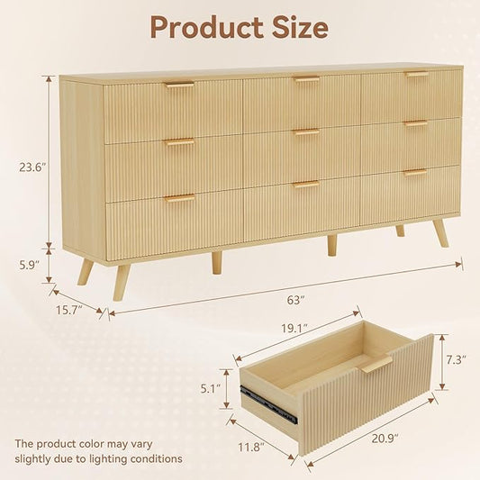 63" Long 9 Drawer Dresser for Bedroom, Modern Chest with Fluted Detailing, Light Wood Boho Dresser and TV Stand, Stylish Storage Organizer for Living Room, Hallway, or Closet, Light Wood