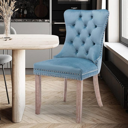 Velvet Upholstered Dining Chairs Set of 2, Modern Style Kitchen Side Chairs with Nailhead Trim and Wood Legs,Metal Pulling Ring for Dining Room Living Room(Sky Blue,Set of 2)