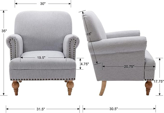 Linen Accent Chair Mid-Century Modern Living Room Armchair with Nailhead Trim & Wood Legs Comfy Upholstered Single Sofa Chair for Lounge/Bedroom/Reception, Grey