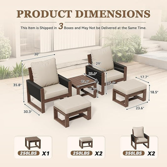 5 Piece Patio Bistro Chair Set with Ottoman, Wooden Outdoor Patio Furniture Set, Patio Wicker Chairs with Coffee Tables for Balcony Deck Backyard