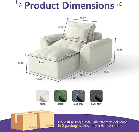 Hobestluk Cloud Single Sofa with Ottoman Memory Foam Couch with Deep Seat L Shaped Sofa with Removable Cover Large Couch for Living Room (Beige, Single Sofa with One Ottoman)
