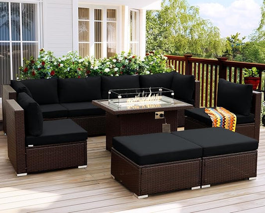 NICESOUL 9 Piece Patio Furniture Set with Fireplace Natural Gas/Propane, 29.3'' High Back Large Wicker Outdoor Sectional Sofa Sets, Deep Seat Sitting Area Backyard, Brown Rattan and Black Cushion
