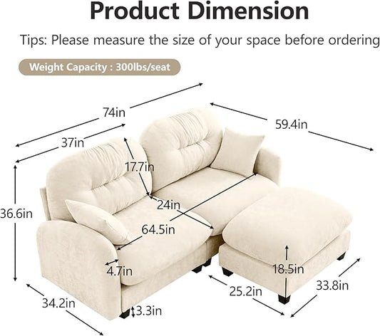 74" Loveseat L Shaped Sofa with Ottoman, Comfy Chenille Fabric Cloud Sectional Couch, Modern Upholstered Deep Seat Sofa with Armrest Pillow, Cloud Couch for Small Spaces Apartment, Beige
