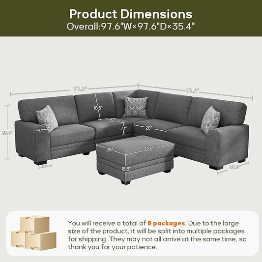 Wanderwell Oversized Modular Sectional Sofa, 6-Seater U Shaped Couches with Movable Ottoman,Corduroy Sectional Couch with Wide and Deep Seats Suitable for Living Room,Bedroom,Apartment (Grey, L-6)