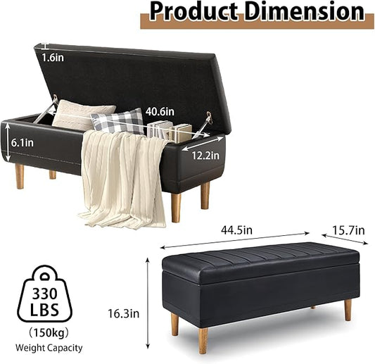 VECELO 44.5" Storage Ottoman Bench, Black Ottoman with Storage, Safety Hinge & Solid Wood Legs, Faux Leather Upholstered Ottoman with Seat for Living Room, Entryway, Holds up to 330 lb