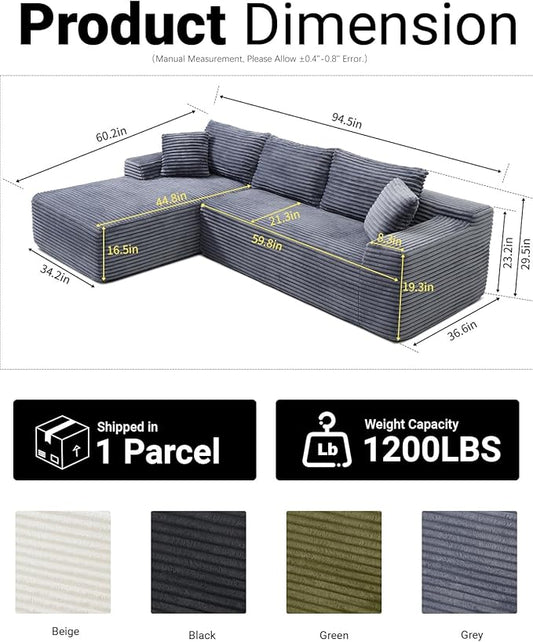 95 Inch Cloud Sectional Couch,Modular Sectional Sofa with Deep Seat,Modern Corduroy Boneless Couches with L-Shape Chaise for Living Room Bedroom,No Assembly Required (Grey, Left Facing Chaise)