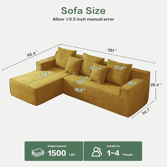 Boneless Cloud Sectional Couch, Modular Sectional Sofa with L-Shaped Lounge Chair, Soft Cloud Couch Memory Foam Sofa for Living Room, No Assembly Required (Orange, Velvet)