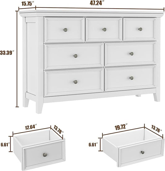 BLANKSPACE White 7 Drawer Dresser, Modern Dresser for Bedroom, Wood Drawer Organizer with Metal Knobs, Large Capacity Wood Cabinet for Bedroom, Hallway