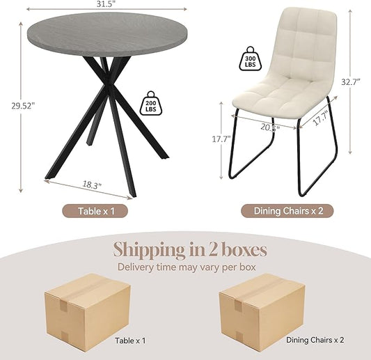 31.5" Round Dining Table Chairs Set for 2, Small Dining Table Chairs Set Space-Saving, Small Dinette Sets for 2 for Kitchen Dining Room Apartment(Gray Table + Beige Chairs)