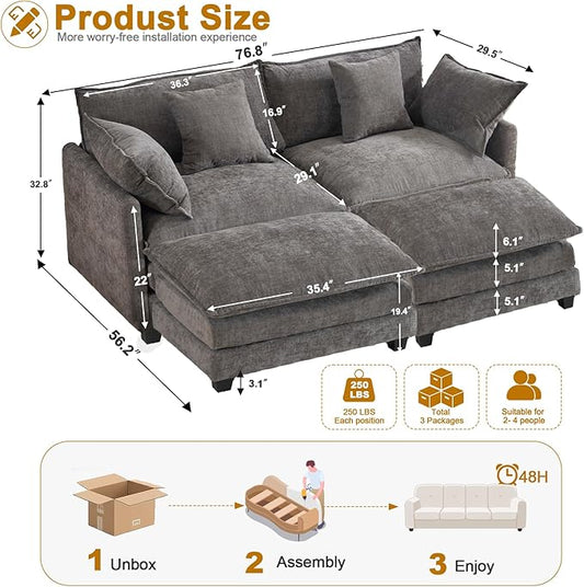 77" Cloud Chenille Sectional Sofa with 2 Ottoman|Modular Couch with 29.1" Deep Seat|FSC Solid Wood Frame|Easy Assembly & 1YR Guarantee|for Apartment Living Room (Grey, 77 Inch(U))