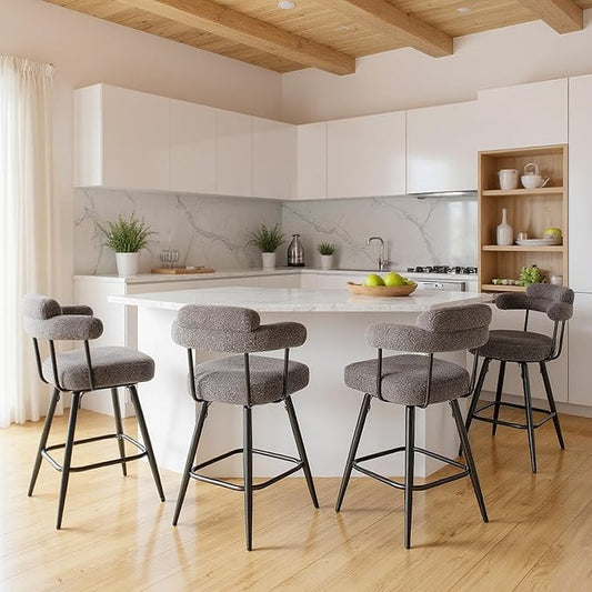 COSTWAY Counter Height Bar Stools Set of 4, 27" Swivel Modern Upholstered Counter Chairs with Boucle Fabric, Curved Backrests & Metal Legs, for Kitchen Island, Home, Pub (4, Grey + Black)