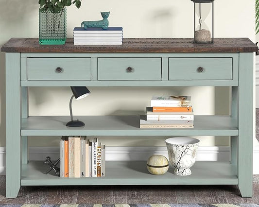 LKTART Solid Wood Console Table Sofa Table with Storage Drawers and Bottom Shelf Entryway Table for Entry Hallway Foyer Sofa Couch Table,Easy Assembled (48.8" Green)