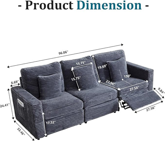 Power Reclining Sectional Sofa, Electric 3 Seat Recliner with 1 Electric Footrest and Adjustable Headrest, Modern Plush Corduroy Fluffy Reclining Sectional with Deep Seat for Living Room-Blue Grey