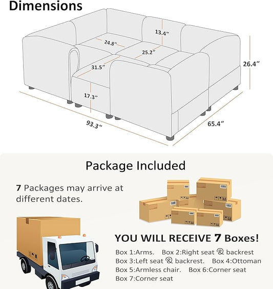 VANOMi Oversized Modular Sectional Sofa, Sleeper Sectional Couches for Living Room, 6 Seats Modular Sofa with Reversible Chaises, Cream White