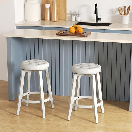 COSTWAY 360° Swivel Bar Stools Set of 2, 30-inch Height Vintage Upholstered Rubberwood Backless Bar Chairs with Footrest, Retro Kitchen Counter Stools for Kitchen Island Dining Room Home Bar, White