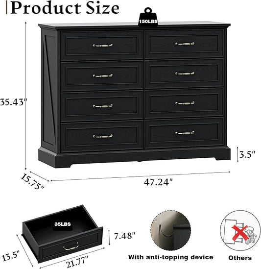 Farmhouse 8 Drawers Dresser for Bedroom, 48" Wide Modern Chest of Drawers with Deep Drawers & Bar Handles, Wood Dresser TV Stand, Wooden Rustic Closet Storage Organizer for Living Room, Hallway, Black