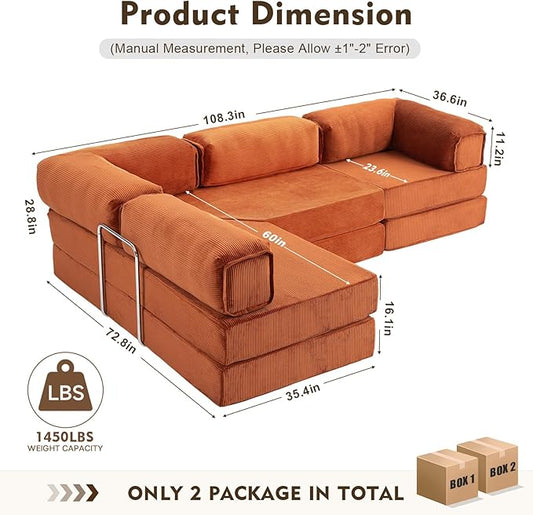108" L Shaped Couch,Modular Sectional Sofa with Chaise,Cloud Sectional Couch with Deep Seat & Removable Pillow for Living Room,Bedroom,No Assembly Required(Brick Red)