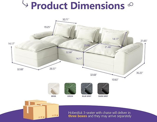 Hobestluk 120" Cloud Modular Sectional Couch 3-Seater Sofa with Ottoman L Shaped Sofa with Removable Cover Large Sofa Couch for Living Room (Beige, 3-Seater Sofa with One Ottoman)