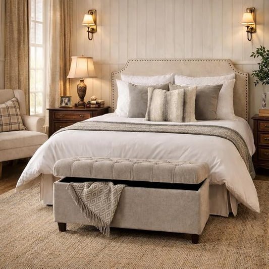 Homepop Home Decor | Tufted Ainsley Button Storage Ottoman Bench with Hinged Lid | Ottoman Bench with Storage for Living Room & Bedroom, Grey