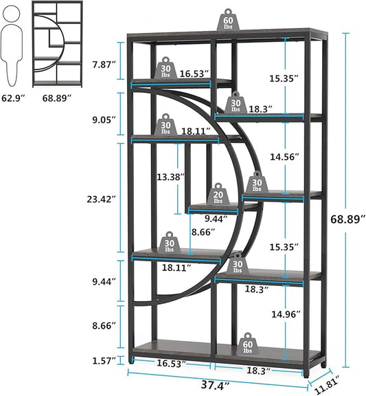 Tribesigns Bookshelf Industrial 5 Tier Etagere Bookcase, Freestanding Tall Bookshelves Display Shelf Storage Organizer with 9-Open Storage Shelf for Living Room, Bedroom, 2 Pack (Gray, 2 Pack)