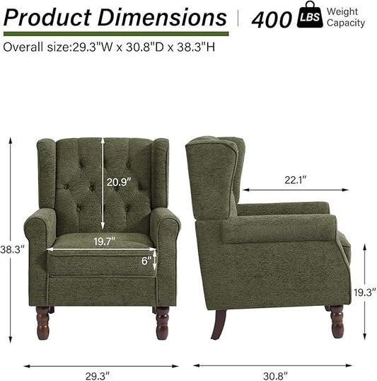 Accent Chair, Upholstered Armchair with Button Tufted High Back & Solid Wood Legs, Comfy Wingback Reading Single Sofa Chair for Small Spaces, Living Room, Bedroom-Green, Set of 1