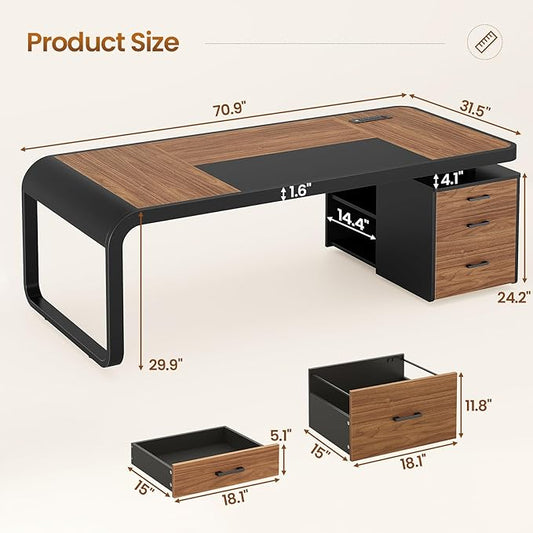 Itaar 70.9" Executive Desk, Large Computer Desk with Drawers and Lateral File Cabinet, Office Desk with Removable Shelves, Business Furniture Desk Workstation for Home Office, Brown