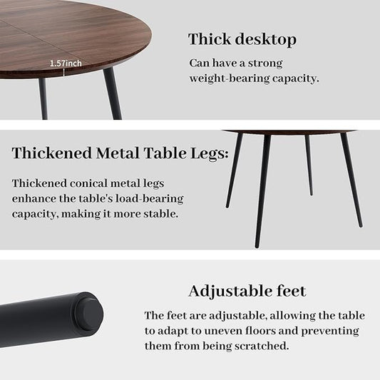 43.3"-59.1" Extendable Round Dining Table Set of 4, Mid Century Wooden Round Kitchen Table, Coffee Table for 4-6 Person, 4 Gray PU Leather Chair
