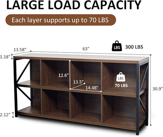 8 Cube Storage Organizer Bookshelf, Industrial Horizontal Bookcase, Accent Cubby Shelf, Media Console Table for Living Room, Home Office, 13.6" D x 63" W x 30.9" H, Brown Walnut