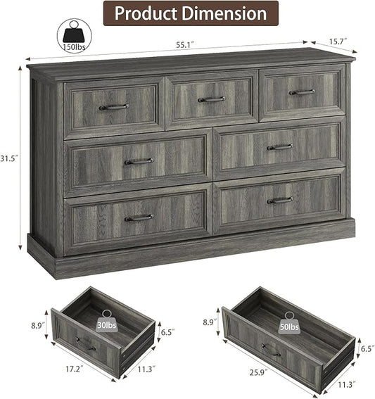 Farmhouse 7 Drawer Dresser for Bedroom, 55 Inch Wide Modern Grey Dresser TV Stand with Large Drawers & Bar Handles, Rustic Wood Chest of Drawers for Bedroom, Living Room