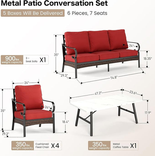 6 Piece Metal Outdoor Patio Furniture Sets, Patio Conversation Sets with 3-Seater Sofa, 4 Single Sofa (5.75" Thick Cushion) & Coffee Table, Black Frame Backyard Furniture, Rust Red