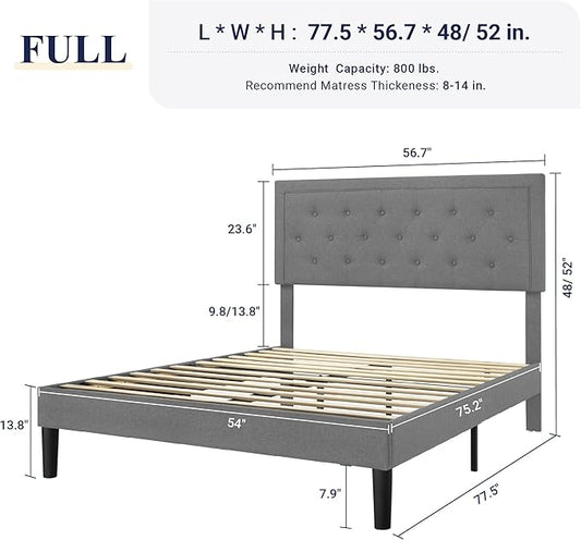 Allewie Full Size Upholstered Platform Bed Frame with Adjustable Headboard, Button Tufted, Wood Slat Support, Easy Assembly, Light Grey