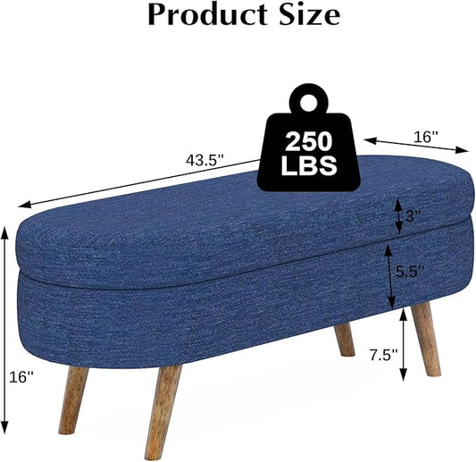 Storage Ottoman Bench 43" Storage Bench for Bedroom, Upholstered Soft Boucle Fabric End of Bed with Safety Hinge Solid Wood Legs Foot Stool Benches for Hallway,Closet,Oval, Entryway, Blue