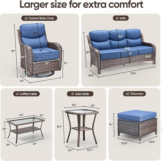 Swivel Patio Chairs sofa Set of 9 with 6" Thick Cushion - Wicker Outdoor Swivel Rocker Patio Chair ,Sofa/Glass coffee table, High Back Comfortable Outdoor Glider Chairs -Brown Wicker Blue Cushion