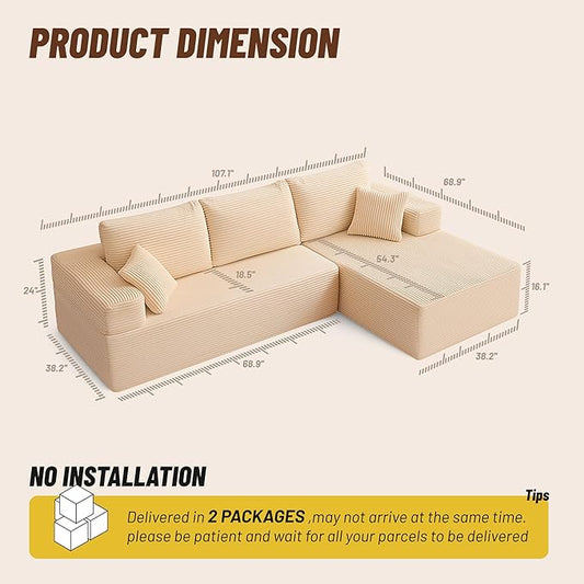 107" Boneless Couch with Deep Seat, Modular Sectional Sofa, Cloud Sectional Couch for Living Room, No Assembly Required, Corduroy, L-Shape Right,Camel