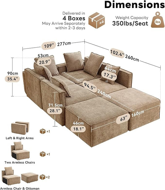 WILLOVE 141'' Modular Sectional Sofa, Chenille Cloud Couch with Wide Armrests & 6 Pillows, Deep Seat Couches for Living Room, Khaki