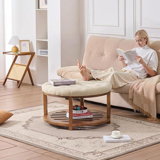 VEVOR Large Round Ottoman Coffee Table, 31.9 Inch Tufted Coffee Table with Solid Wood Shelf Storage, Linen Solid Upholstered Footrest Ottoman for Bedroom Living Room, 350 LBS, Linen Color