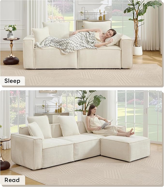 WILLOVE 141'' Modular Sectional Sofa, Chenille Cloud Couch with Wide Armrests & 6 Pillows, Deep Seat Couches for Living Room, Beige