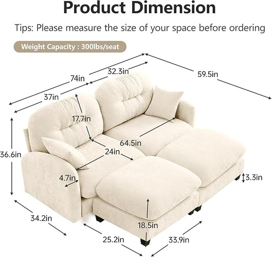 74" Loveseat U Shaped Couch with 2 Ottoman, Comfy Chenille Fabric Cloud Sectional Couch, Modern Upholstered Deep Seat Sofas with Armrest Pillow, Cloud Sofa for Small Spaces Apartment, Beige