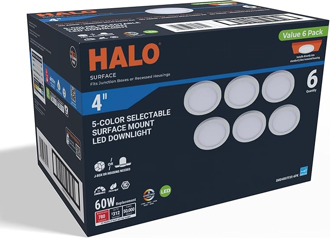 HALO SMD 4-Inch LED Surface Mount Downlight with Slim Profile, Selectable CCT, Wet Location Listed - SMD4R07FS5-6PK