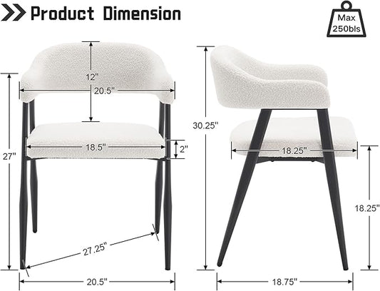 HNY Modern Dining Room Arm Chairs Set of 6, Faux Sherpa Boucle Upholstered Barrel Dining Chairs with Arms Mid-Century White Accent Chair with Metal Legs, Open-Back Kitchen Side Chair for Living Room